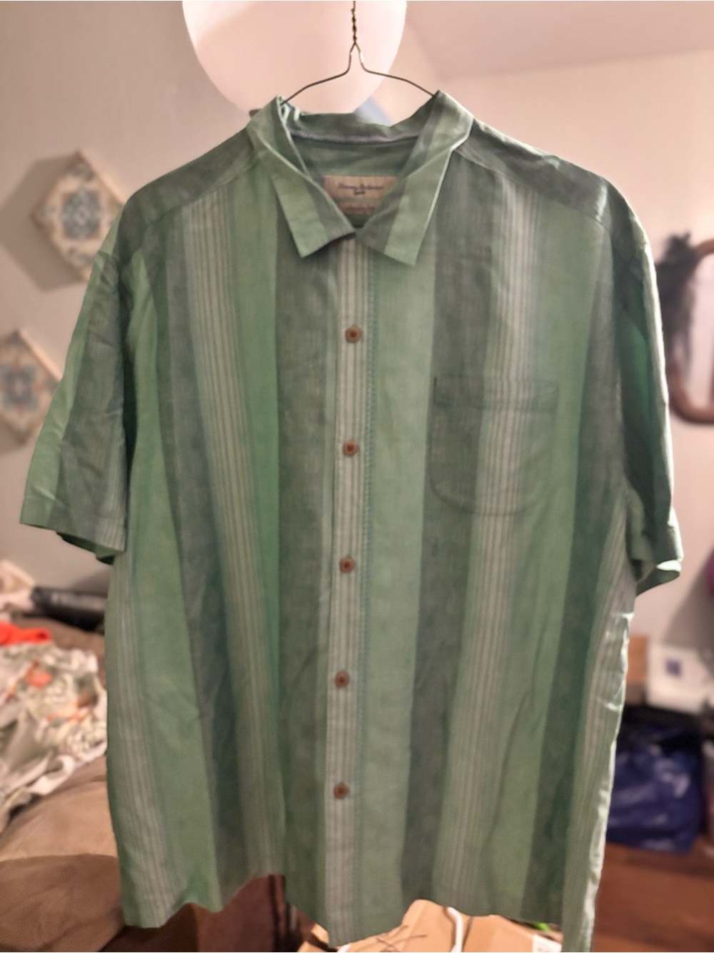 Tommy Bahama Green Striped Short-Sleeve Button-Down Shirt 100% silk